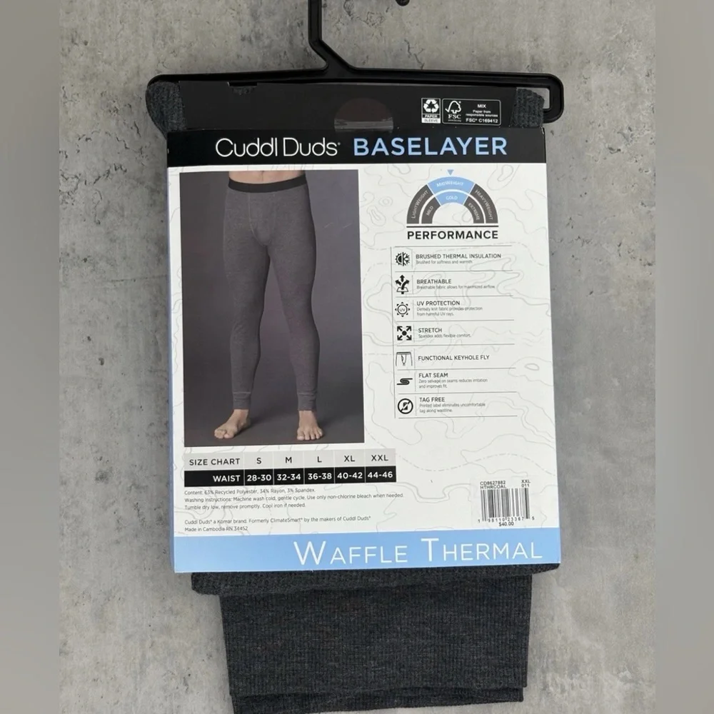 Men's Cuddl Duds MidWeight Baselayer Waffle Thermal Pants Size XXL Charcoal Gray